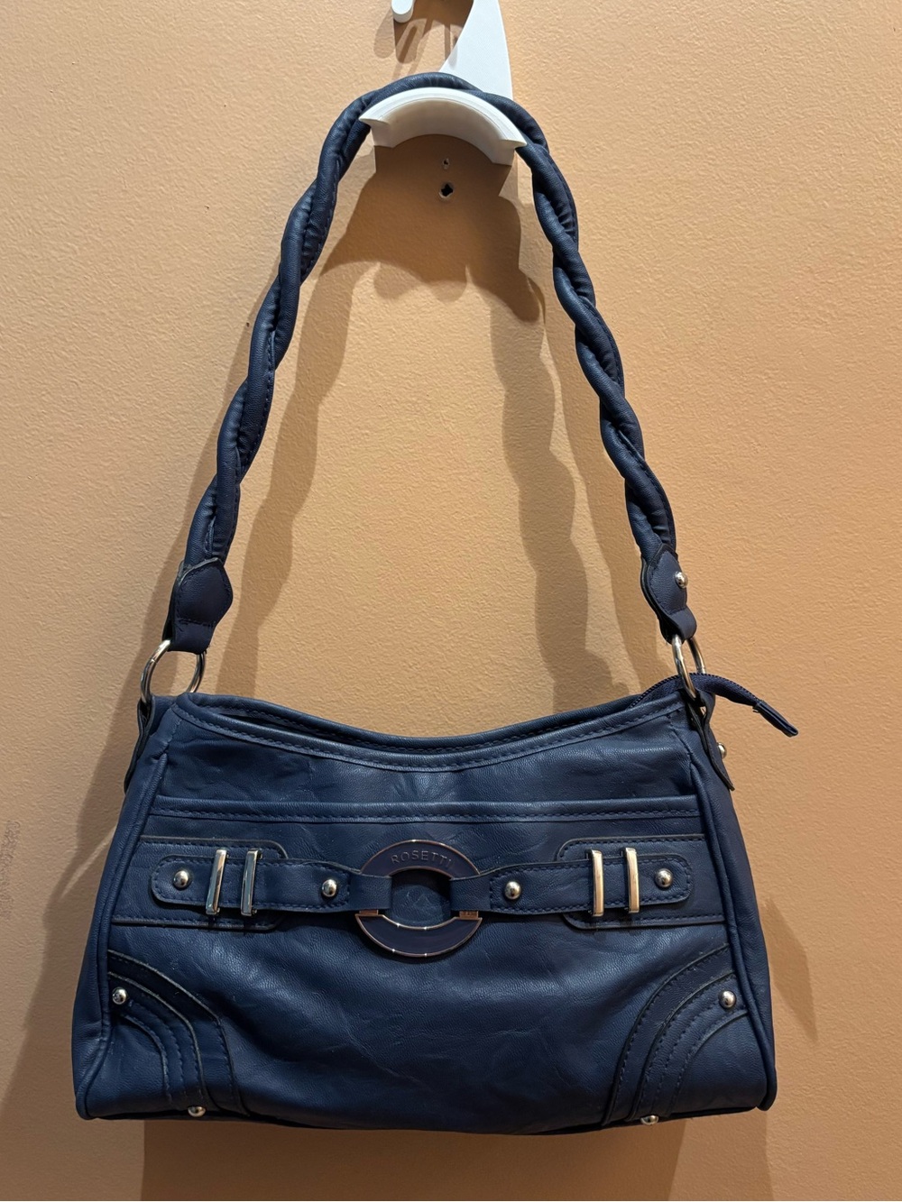 Rosetti Navy Braided Handle Faux Leather Y2K Slouchy Baguette Shoulder Bag
